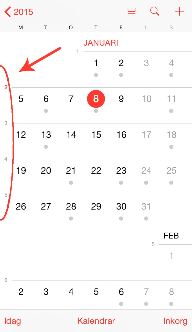 Kalender med veckonummer, inbyggt i IOS8