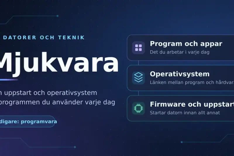 Grafik med rubriken "Mjukvara" som visar datorns tre programvarulager: program och appar, operativsystem samt firmware och uppstart.