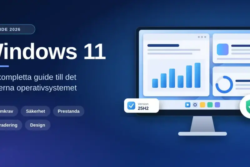 Illustration av en datorskärm med Windows 11-inspirerat skrivbord med fönsterlayouter, centrerat aktivitetsfält, en säkerhetssköld och versionsetiketten 25H2 bredvid texten "Windows 11 – Din kompletta guide till det moderna operativsystemet".
