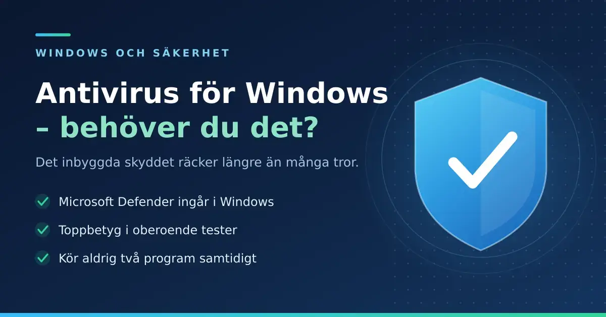 Grafik med rubriken "Antivirus för Windows – behöver du det?" bredvid en blå sköld med bock, samt punkterna att Microsoft Defender ingår i Windows, får toppbetyg i oberoende tester och att man aldrig ska köra två program samtidigt.