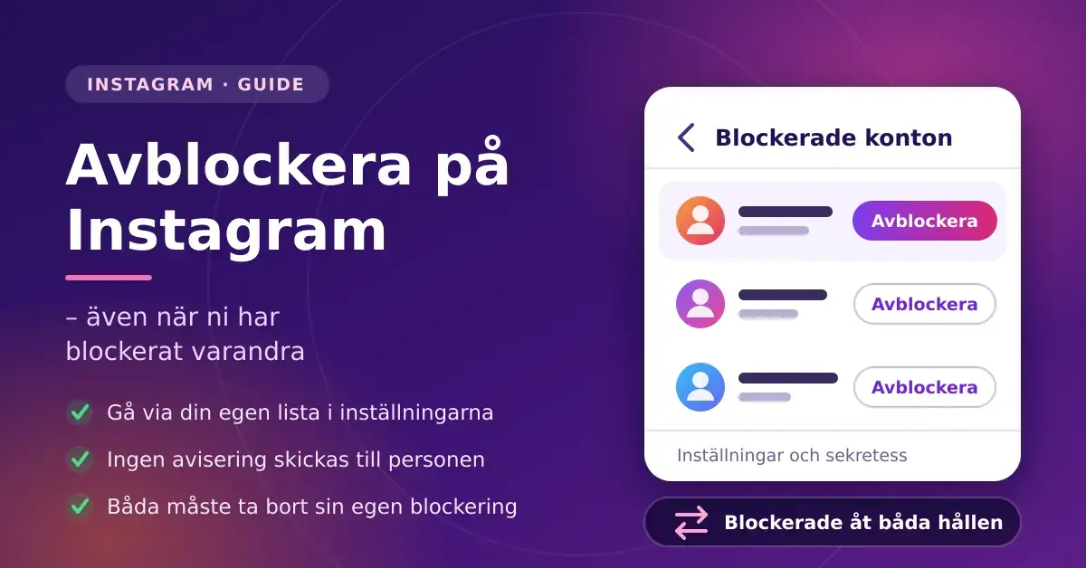 Grafik med rubriken "Avblockera på Instagram" och en illustrerad lista över blockerade konton med avblockera-knappar, som visar hur du tar bort din blockering även när ni har blockerat varandra.