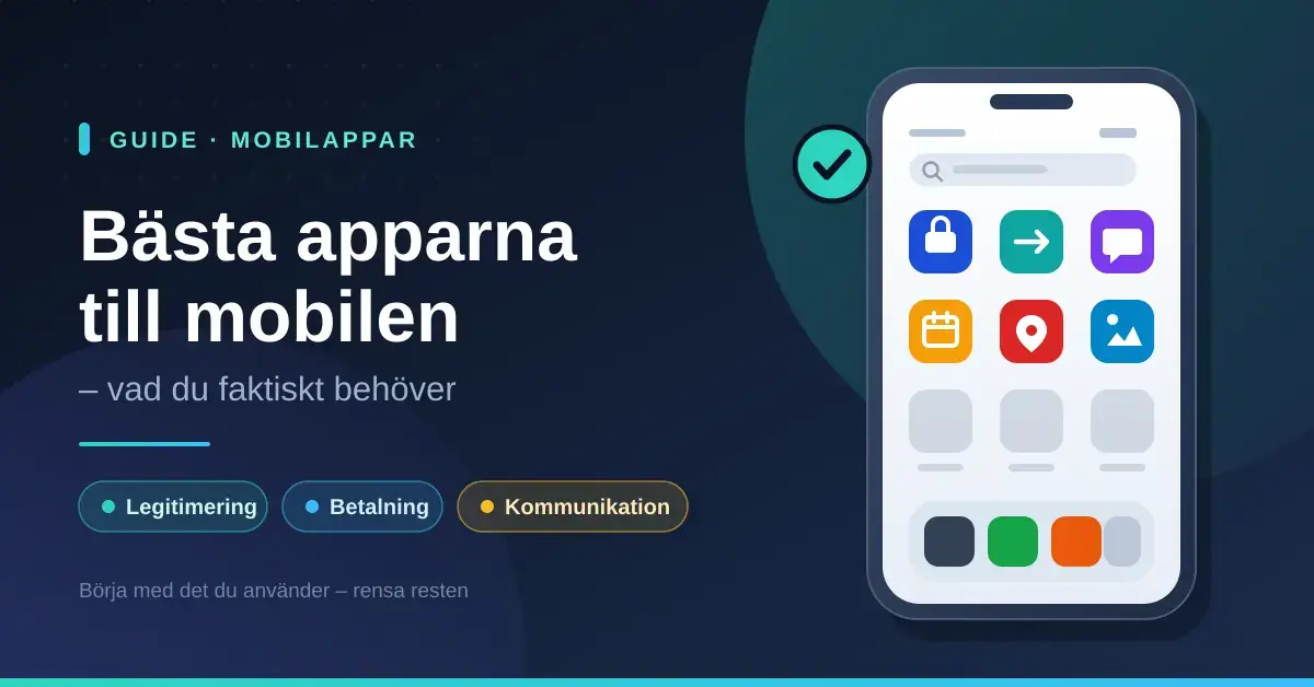 En grafik med rubriken "Bästa apparna till mobilen – vad du faktiskt behöver" bredvid en illustrerad mobiltelefon där ikoner för legitimering, betalning och kommunikation är markerade medan oanvända appar är nedtonade.