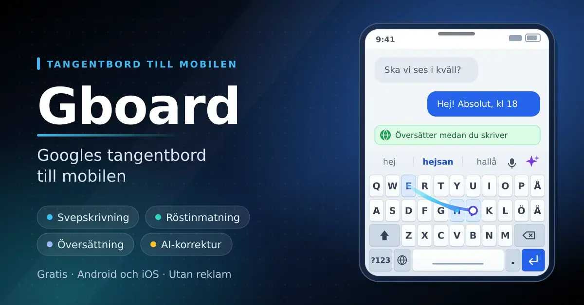 Grafik med rubriken "Gboard – Googles tangentbord till mobilen" bredvid en mobiltelefon som visar tangentbordet med svepskrivning, ordförslag, röstinmatning och översättning.