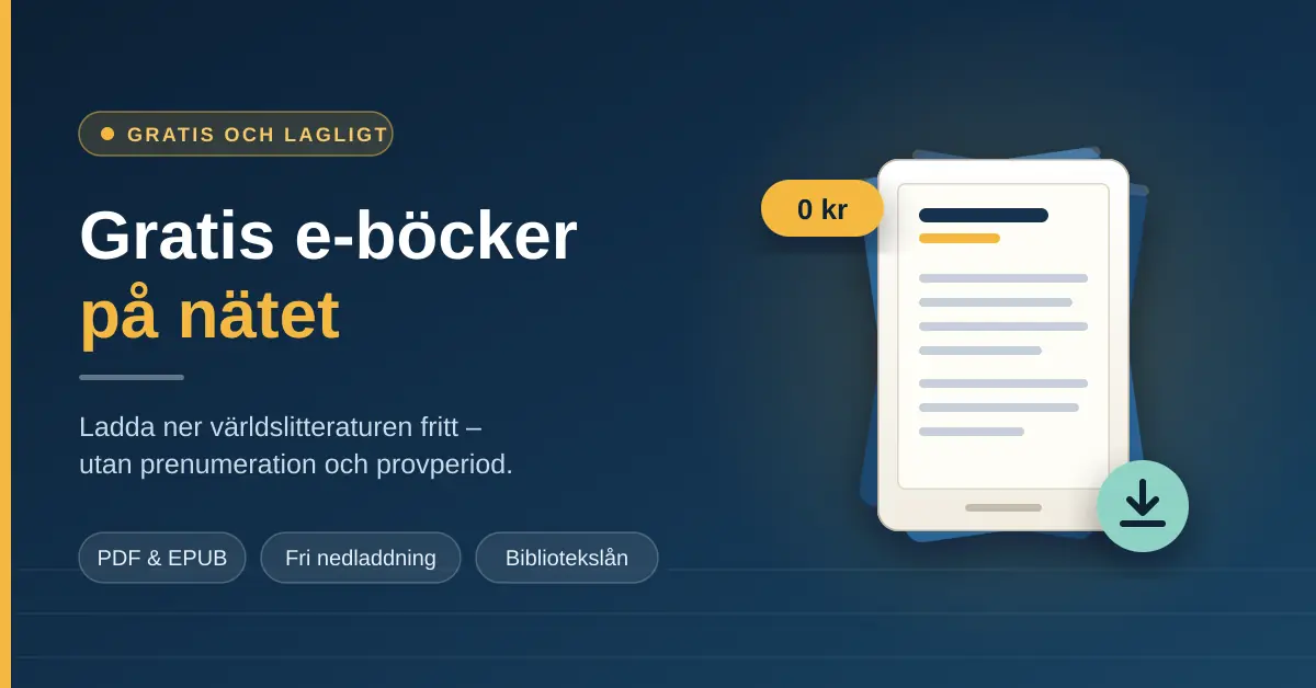 Grafik med rubriken ”Gratis e-böcker på nätet” bredvid en e-boksläsare ovanpå en trave böcker, med en prislapp som visar 0 kr och en nedladdningssymbol.