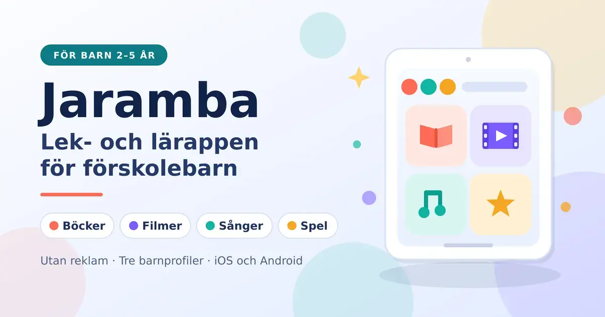 Grafik med texten "Jaramba – lek- och lärappen för förskolebarn" bredvid en surfplatta som visar färgglada ikoner för böcker, filmer, sånger och spel.