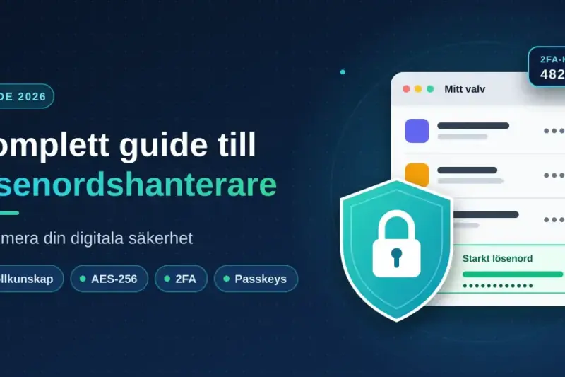 Illustration av en lösenordshanterare med ett krypterat valv, en sköld med hänglås och en tvåfaktorskod, bredvid rubriken ”Komplett guide till lösenordshanterare – Maximera din digitala säkerhet”.