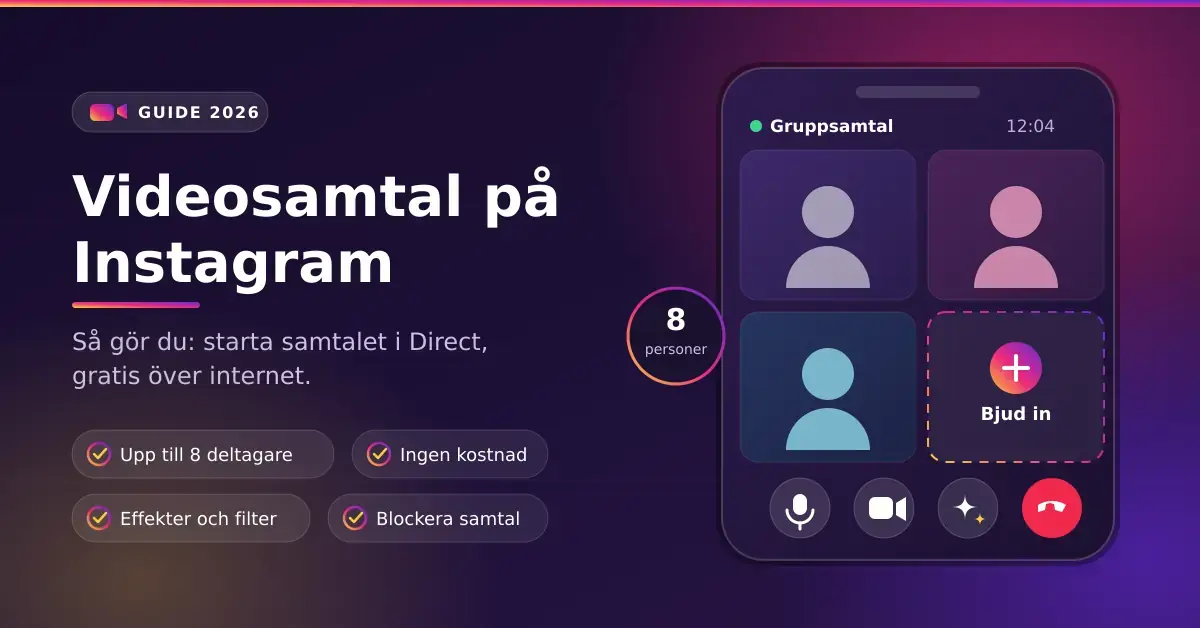 Ett grafiskt blickfång med rubriken "Videosamtal på Instagram" bredvid en mobilskärm som visar ett pågående gruppvideosamtal med fyra rutor och knappar för mikrofon, kamera, effekter och avsluta.