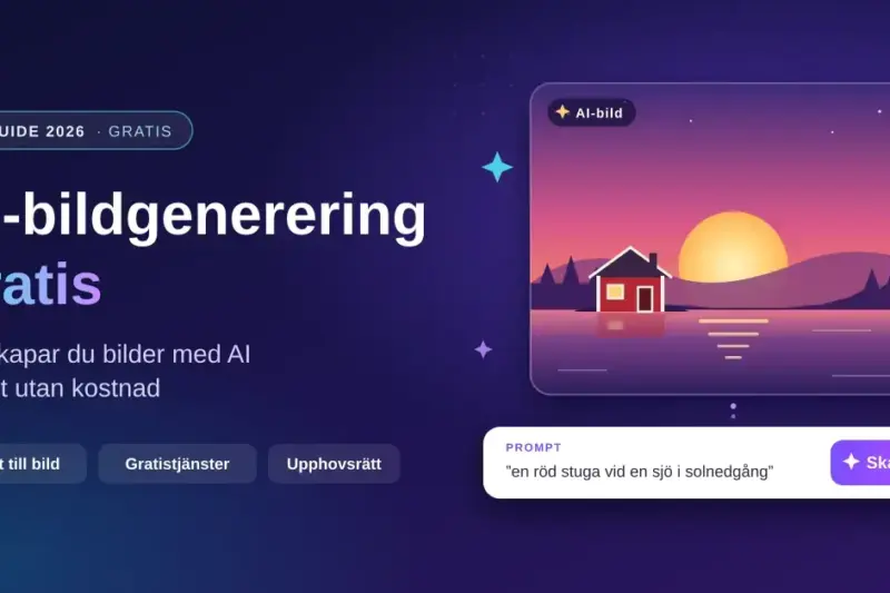 Illustration med rubriken ”AI-bildgenerering gratis” bredvid en AI-genererad bild av en röd stuga vid en sjö i solnedgång och ett promptfält med knappen ”Skapa”.