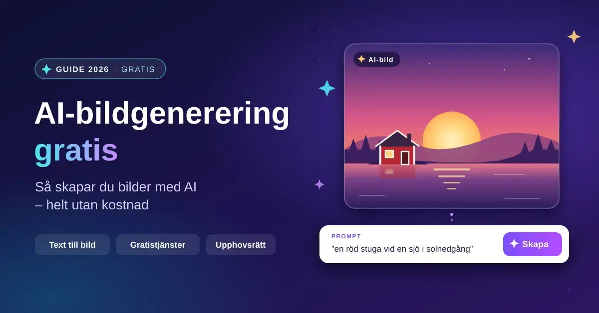 Illustration med rubriken ”AI-bildgenerering gratis” bredvid en AI-genererad bild av en röd stuga vid en sjö i solnedgång och ett promptfält med knappen ”Skapa”.