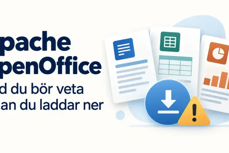 Illustration om Apache OpenOffice med dokument, kalkylark och presentationer samt en nedladdningspil och en varningssymbol.