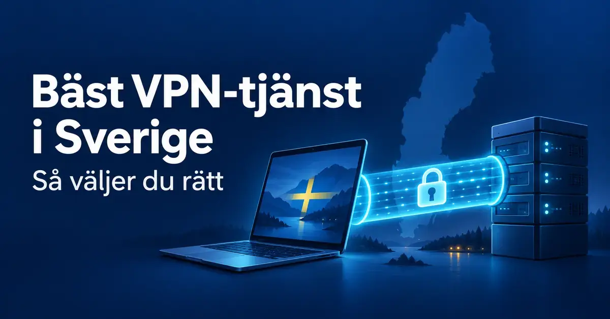 Illustration av en dator ansluten till en server via en lysande VPN-tunnel med hänglås, en Sverigekarta och texten ”Bäst VPN-tjänst i Sverige – Så väljer du rätt”.