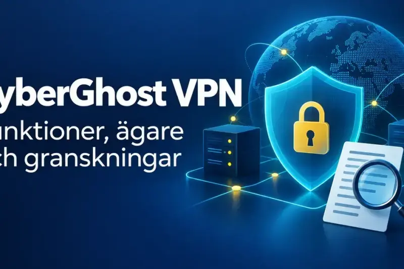Illustration om CyberGhost VPN med en sköld, ett hänglås, ett globalt servernätverk och ett dokument med förstoringsglas som symboliserar granskning.