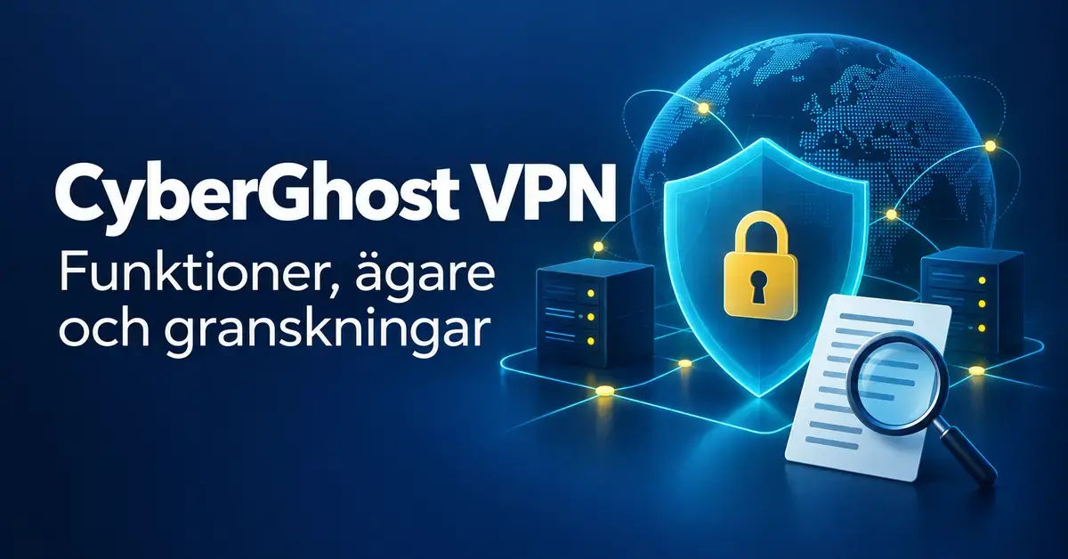 Illustration om CyberGhost VPN med en sköld, ett hänglås, ett globalt servernätverk och ett dokument med förstoringsglas som symboliserar granskning.
