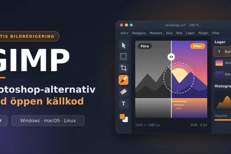 Illustration av ett bildredigeringsprogram med verktygslåda, lagerpanel och en före/efter-jämförelse av ett solnedgångslandskap, bredvid rubriken "GIMP" och texten "Photoshop-alternativ med öppen källkod".