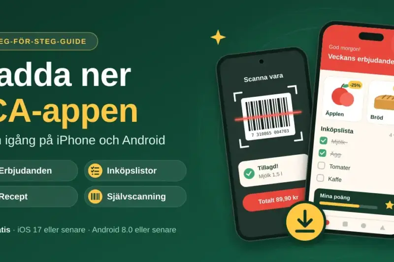 Grafik med rubriken ”Ladda ner ICA-appen” och två mobiler som visar självscanning av en streckkod, veckans erbjudanden och en inköpslista, mot en mörkgrön bakgrund.