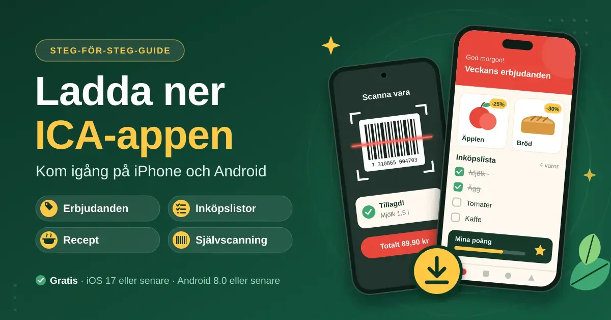 Grafik med rubriken ”Ladda ner ICA-appen” och två mobiler som visar självscanning av en streckkod, veckans erbjudanden och en inköpslista, mot en mörkgrön bakgrund.