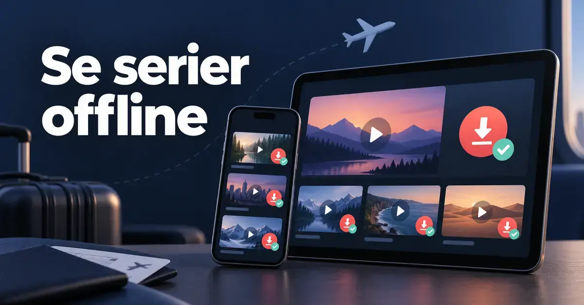 En surfplatta och en mobil med nedladdningssymboler i en resemiljö, bredvid texten ”Se serier offline”.