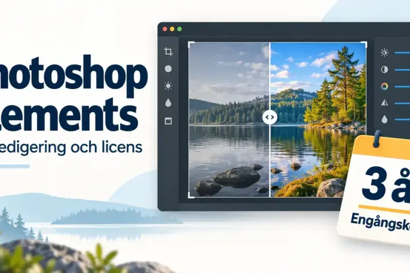 Illustration av bildredigering i Photoshop Elements med ett sjölandskap före och efter redigering samt en kalender som visar att engångsköpet ger en licens i tre år.