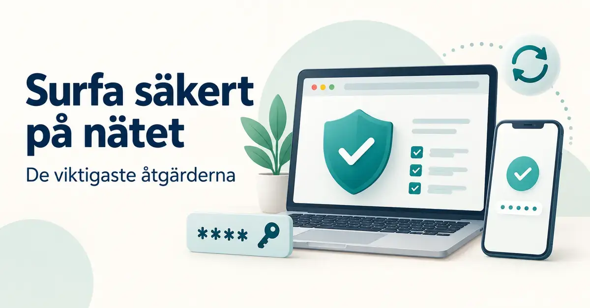 Illustration med texten ”Surfa säkert på nätet – De viktigaste åtgärderna”, en dator med skyddssköld, en mobil med verifieringssymbol samt symboler för lösenord och uppdateringar.