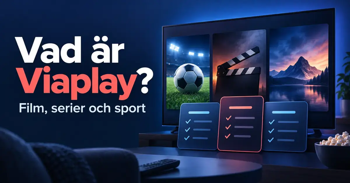 Illustration av en tv med fotboll, film och serier samt tre abonnemangskort under rubriken ”Vad är Viaplay?”.
