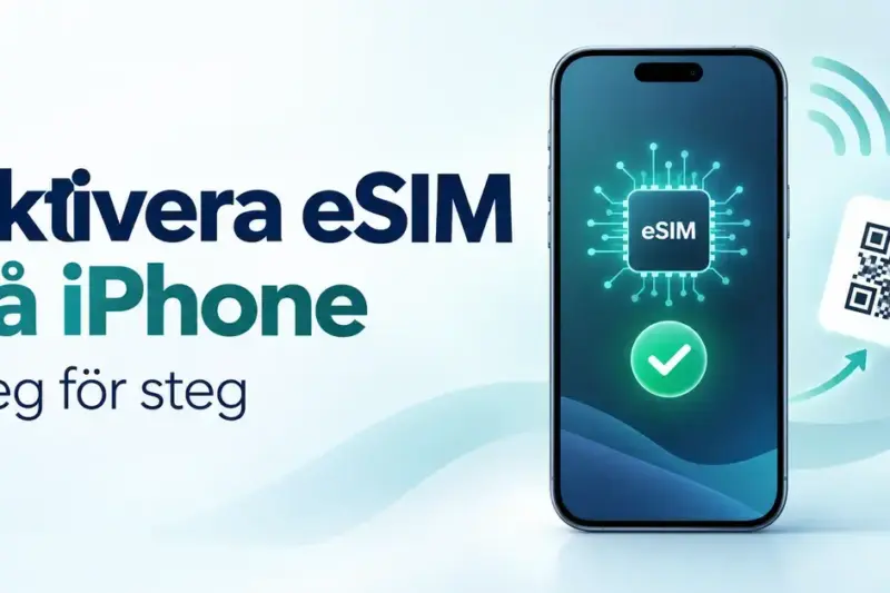 Illustration av en iPhone med en digital eSIM-symbol, en grön bock och en QR-kod bredvid texten ”Aktivera eSIM på iPhone – Steg för steg”.