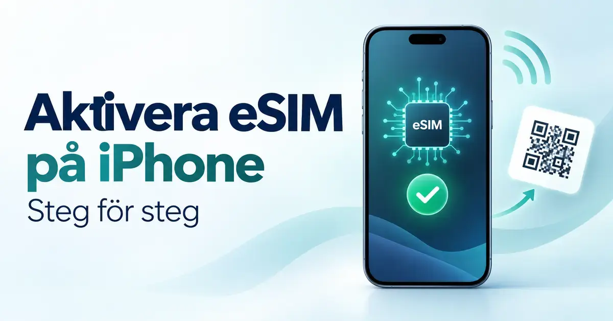 Illustration av en iPhone med en digital eSIM-symbol, en grön bock och en QR-kod bredvid texten ”Aktivera eSIM på iPhone – Steg för steg”.