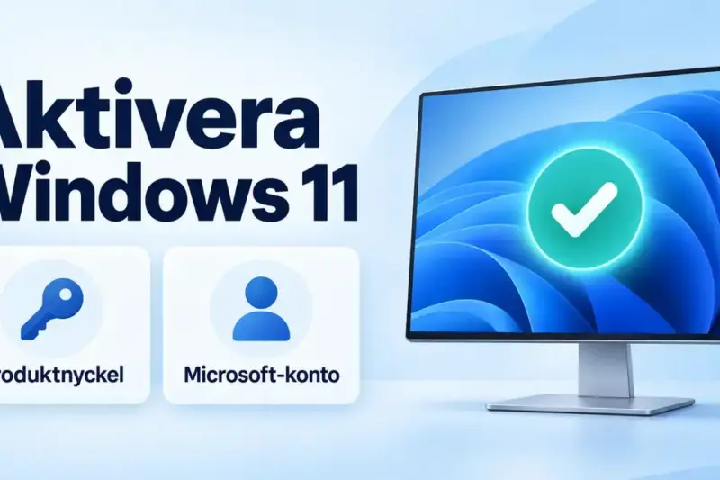 Illustration av aktivering av Windows 11 med en produktnyckel eller ett Microsoft-konto, bredvid en datorskärm med en grön bock.