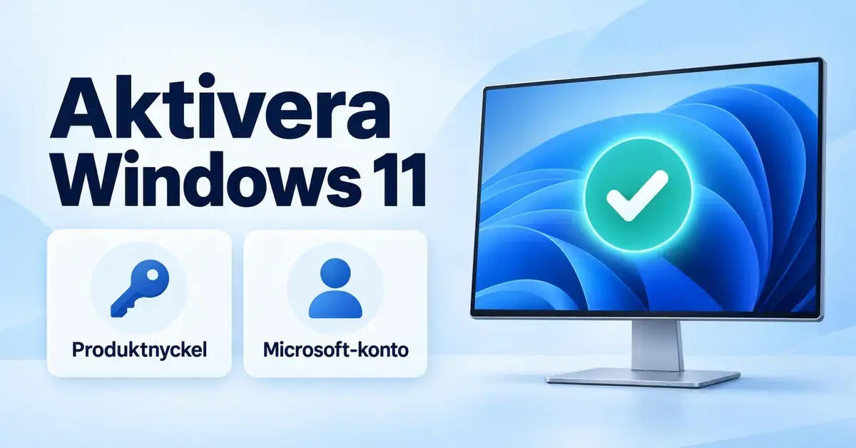 Illustration av aktivering av Windows 11 med en produktnyckel eller ett Microsoft-konto, bredvid en datorskärm med en grön bock.