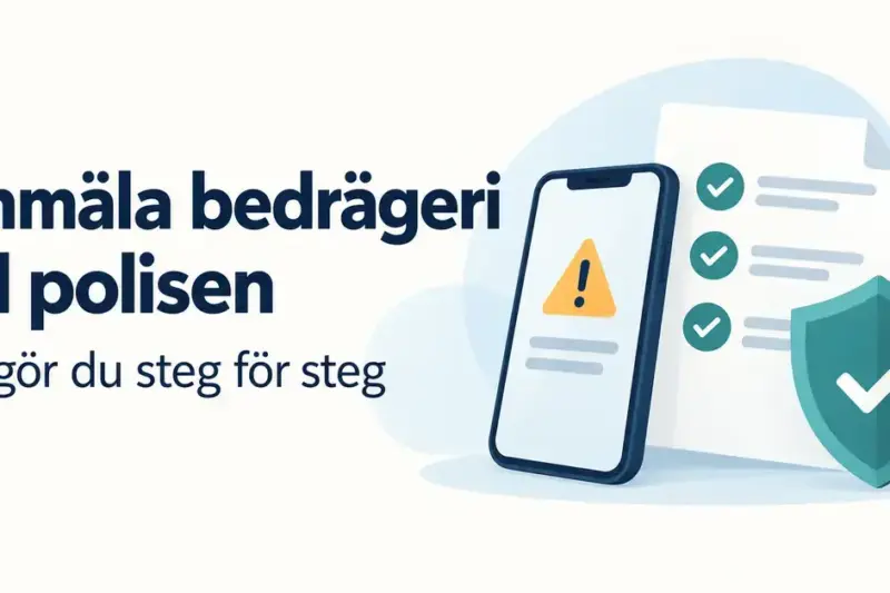 Illustration med en mobiltelefon med varningssymbol, en checklista och en skyddssköld bredvid texten ”Anmäla bedrägeri till polisen – så gör du steg för steg”.