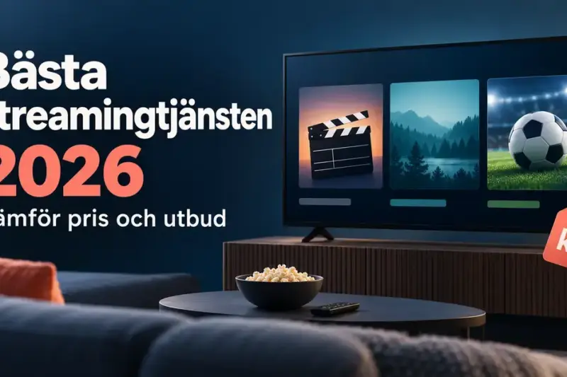 Illustration av en tv med film, serier och fotboll samt en prislapp och texten ”Bästa streamingtjänsten 2026 – Jämför pris och utbud”.