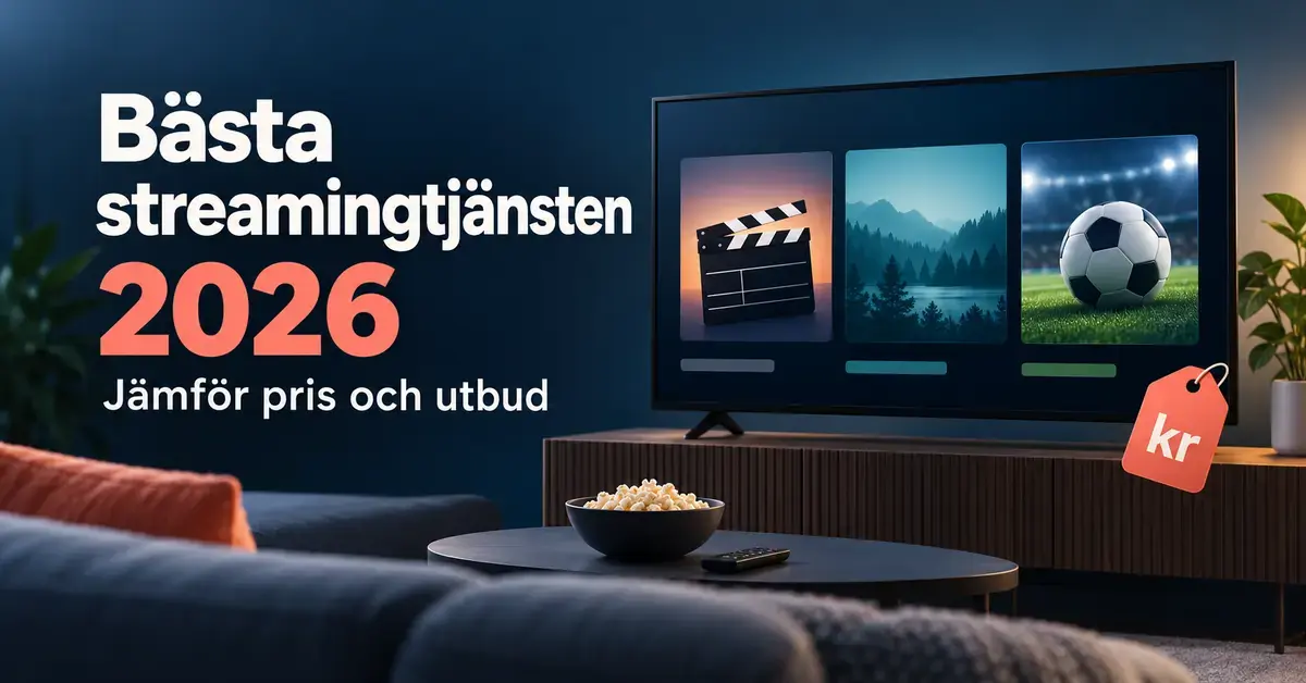 Illustration av en tv med film, serier och fotboll samt en prislapp och texten ”Bästa streamingtjänsten 2026 – Jämför pris och utbud”.