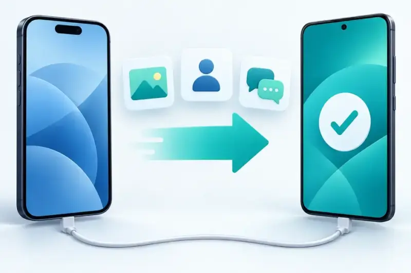 Illustration av hur bilder, kontakter och meddelanden flyttas från en iPhone till en Android-telefon via kabel.