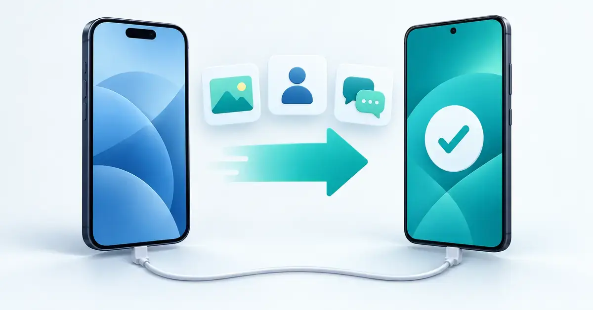 Illustration av hur bilder, kontakter och meddelanden flyttas från en iPhone till en Android-telefon via kabel.