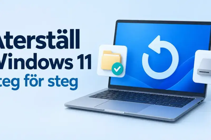Illustration av en bärbar dator med en återställningspil och symboler för att behålla filer eller radera allt, tillsammans med texten ”Återställ Windows 11 – Steg för steg”.