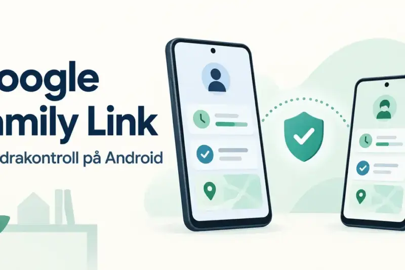 Illustration av två sammankopplade mobiler med symboler för skärmtid, appgodkännande och platsdelning samt en skyddssköld för föräldrakontroll med Google Family Link.