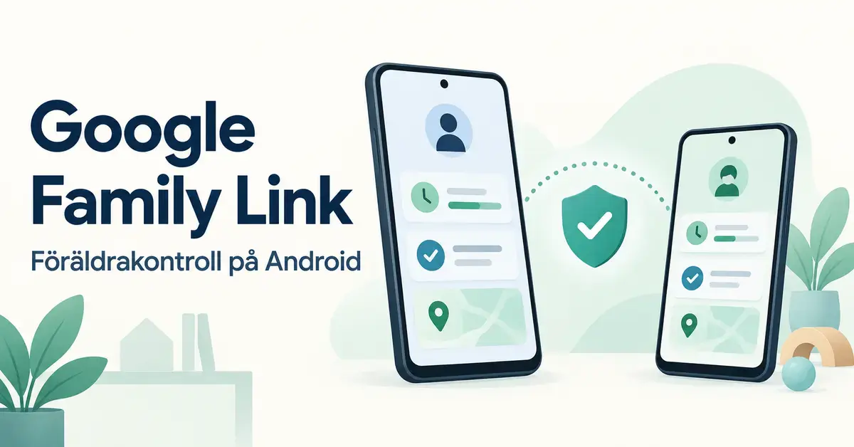 Illustration av två sammankopplade mobiler med symboler för skärmtid, appgodkännande och platsdelning samt en skyddssköld för föräldrakontroll med Google Family Link.