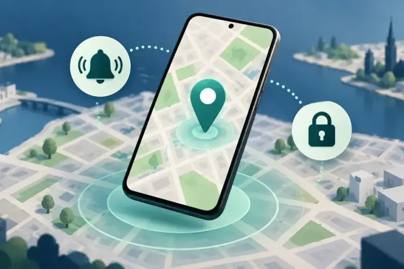 Illustration av en mobiltelefon med en platsmarkör på en karta samt symboler för att spela upp ljud och låsa telefonen på distans.