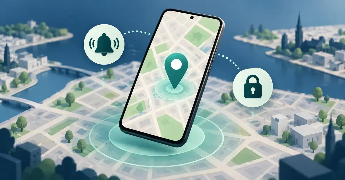 Illustration av en mobiltelefon med en platsmarkör på en karta samt symboler för att spela upp ljud och låsa telefonen på distans.