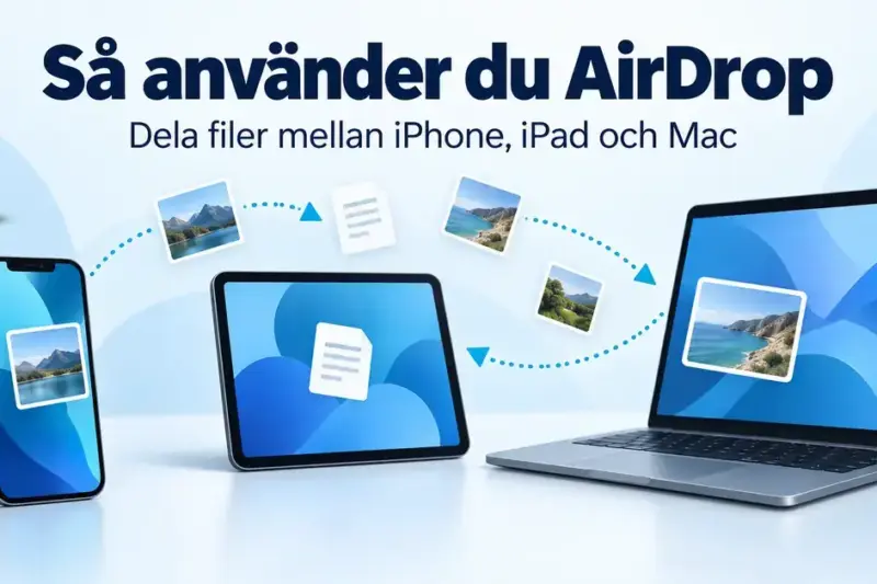 Illustration av hur bilder och dokument skickas trådlöst med AirDrop mellan en iPhone, en iPad och en Mac.
