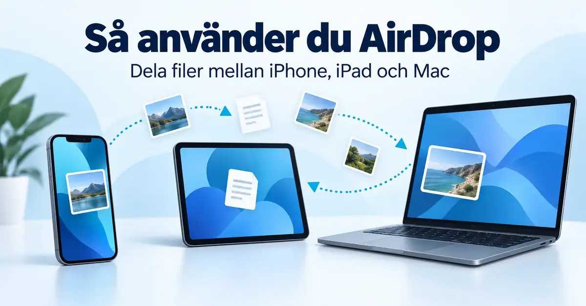 Illustration av hur bilder och dokument skickas trådlöst med AirDrop mellan en iPhone, en iPad och en Mac.