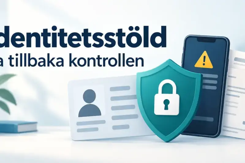 Illustration av ett identitetskort, en sköld med hänglås och en mobil med varningssymbol intill fakturor och texten ”Identitetsstöld – Ta tillbaka kontrollen”.