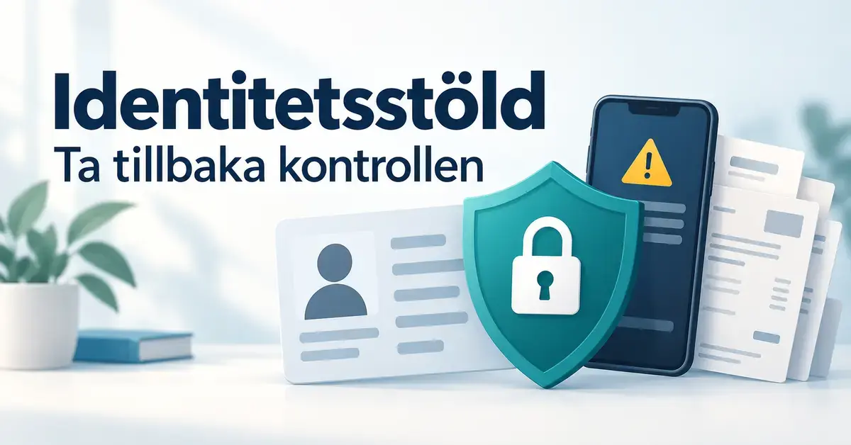 Illustration av ett identitetskort, en sköld med hänglås och en mobil med varningssymbol intill fakturor och texten ”Identitetsstöld – Ta tillbaka kontrollen”.