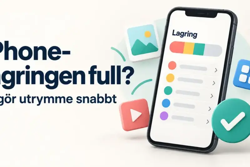 Illustration av en mobil med lagringsöversikt, symboler för foton, videor och appar samt texten ”iPhone-lagringen full? Frigör utrymme snabbt”.