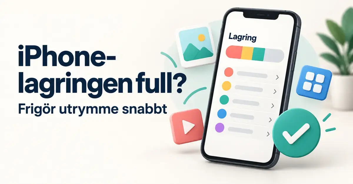 Illustration av en mobil med lagringsöversikt, symboler för foton, videor och appar samt texten ”iPhone-lagringen full? Frigör utrymme snabbt”.