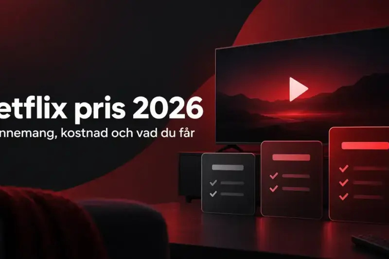 Grafisk illustration med texten ”Netflix pris 2026 – Abonnemang, kostnad och vad du får”, en tv med uppspelningssymbol och tre abonnemangskort i svart och rött.