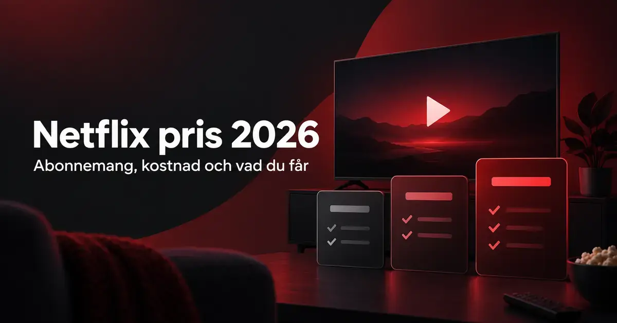 Grafisk illustration med texten ”Netflix pris 2026 – Abonnemang, kostnad och vad du får”, en tv med uppspelningssymbol och tre abonnemangskort i svart och rött.