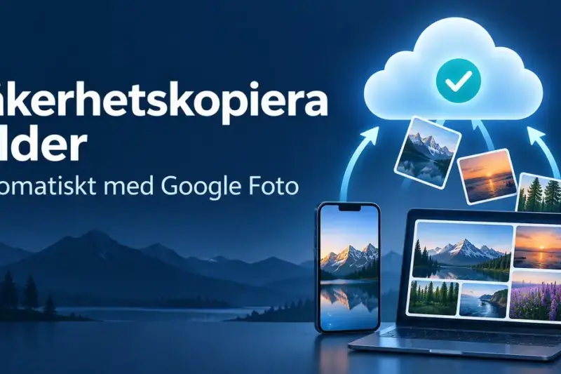 Illustration av hur foton säkerhetskopieras automatiskt från en mobiltelefon och en bärbar dator till molnet med Google Foto.