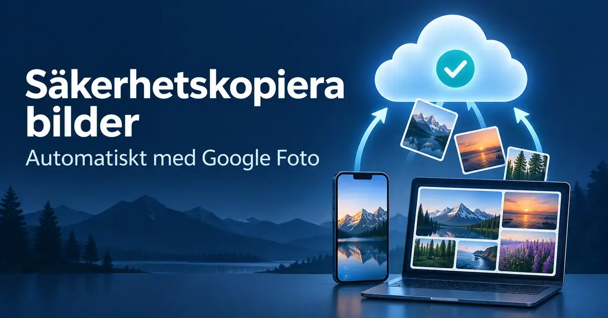 Illustration av hur foton säkerhetskopieras automatiskt från en mobiltelefon och en bärbar dator till molnet med Google Foto.