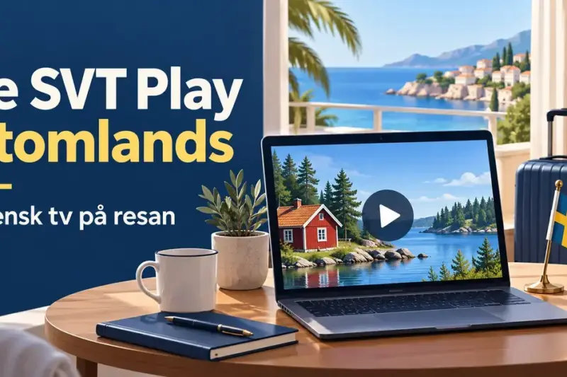 En bärbar dator visar en svensk stuga på skärmen i ett hotellrum vid havet, intill en svensk flagga och texten ”Se SVT Play utomlands – Svensk tv på resan”.