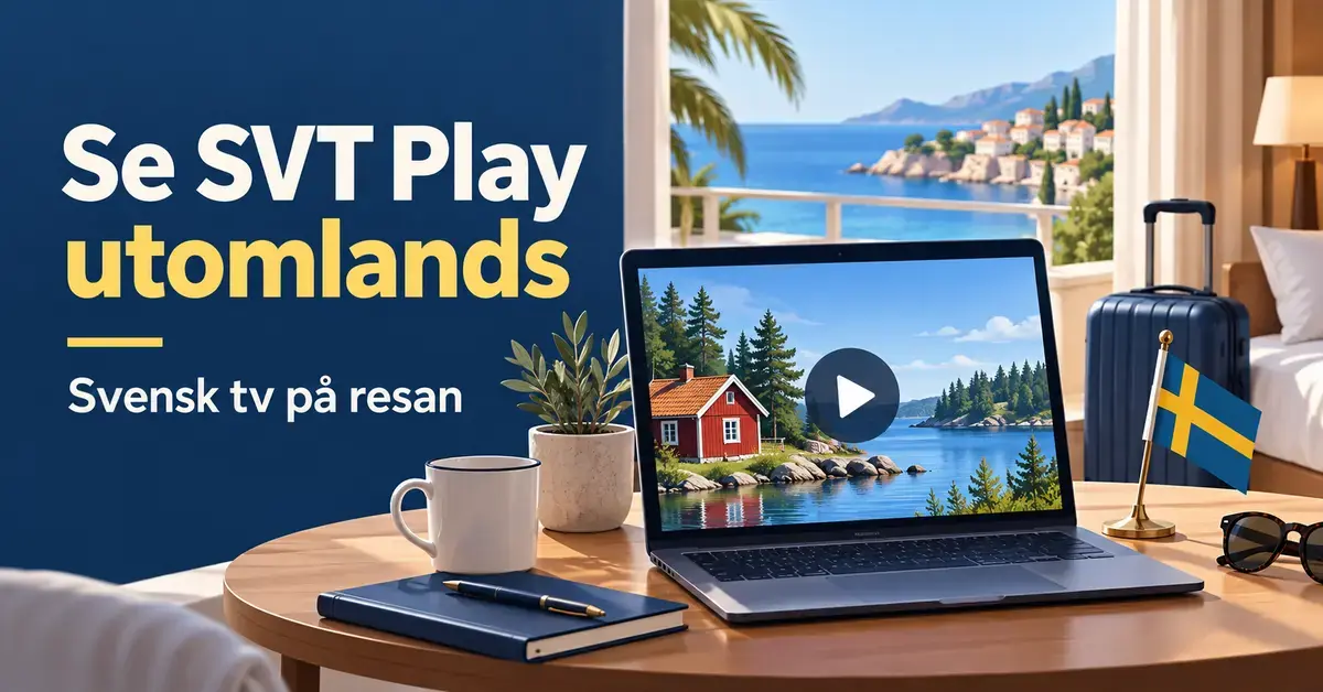 En bärbar dator visar en svensk stuga på skärmen i ett hotellrum vid havet, intill en svensk flagga och texten ”Se SVT Play utomlands – Svensk tv på resan”.